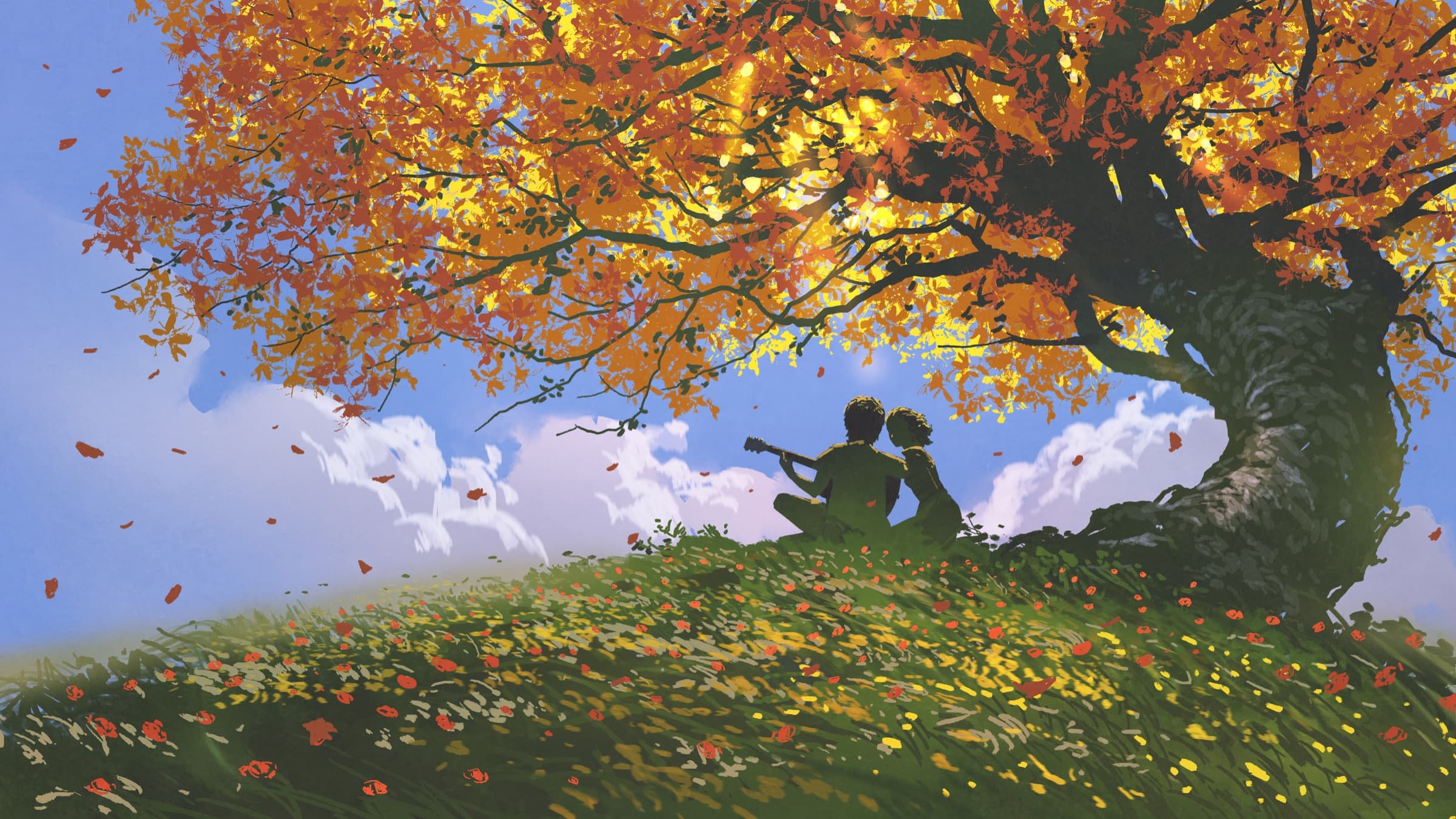 Illustrated couple sitting together beneath a golden tree