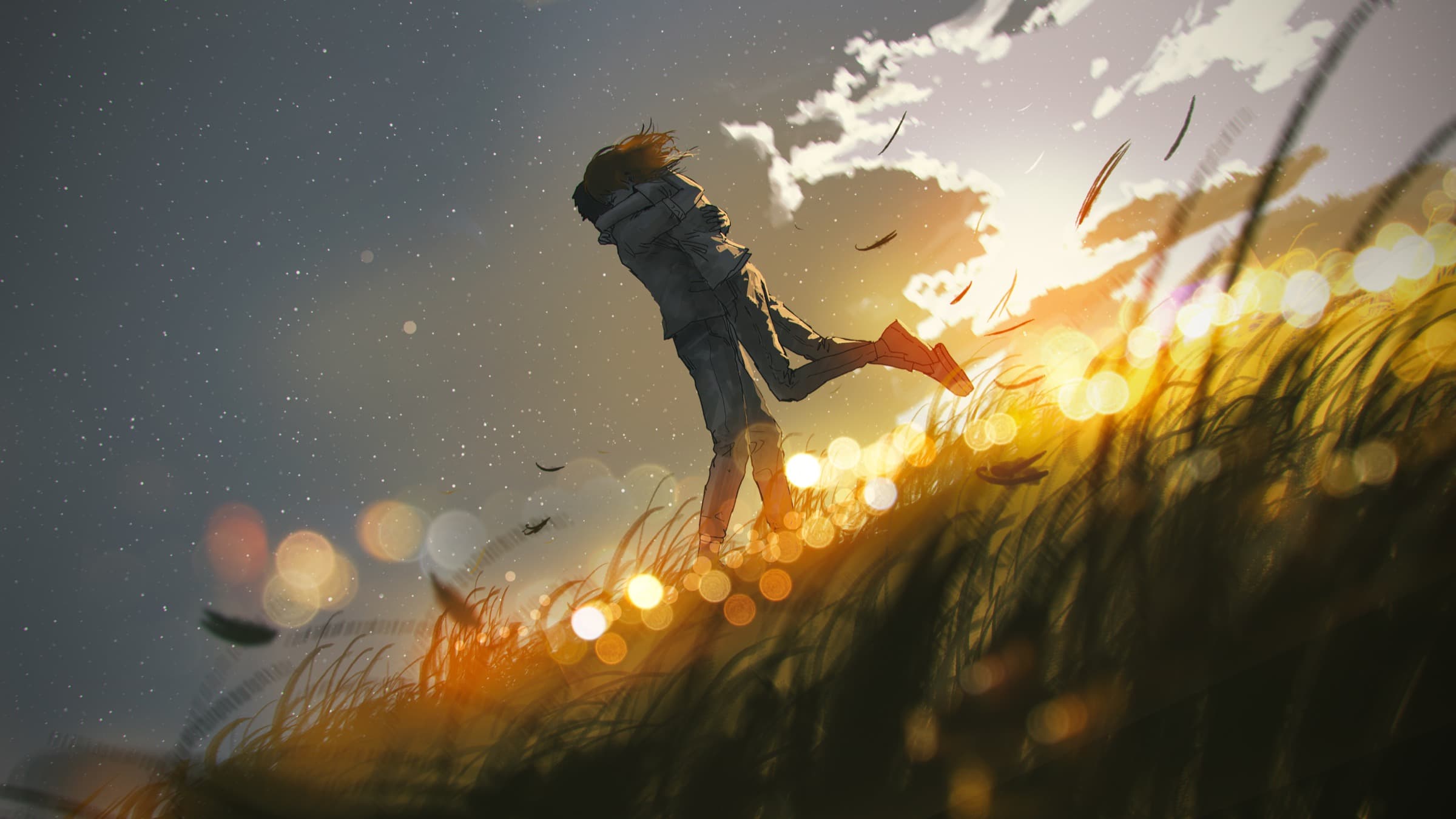 Illustrated couple embracing in a field at golden hour